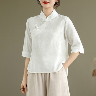 新中式棉麻盘扣白色上衣女夏季七分袖文艺国风茶服衬衫采耳工作服