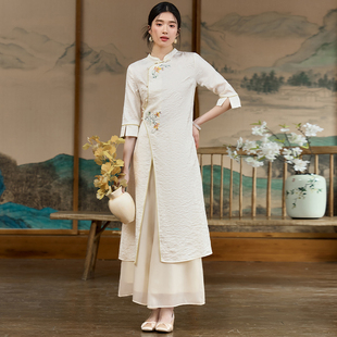 改良旗袍禅意茶服刺绣采耳工作服夏 复古立领七分袖 新中式 国风女装