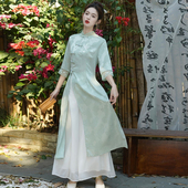 新中式 国风茶艺师改良旗袍连衣裙茶服禅意套装 奥黛养生馆采耳工服