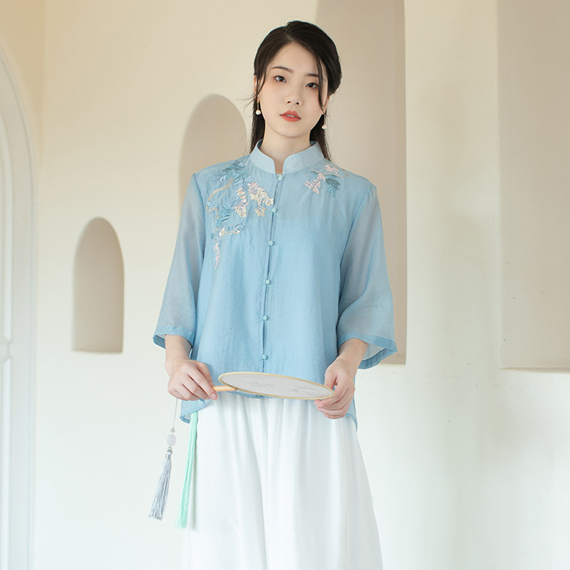 春夏季新款刺绣衬衫女士复古盘扣茶艺师服装宽松年轻中式禅意女装