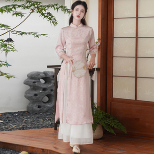 民国风改良旗袍连衣裙盘扣新中式 提花显瘦中国风禅意茶服女夏 女装