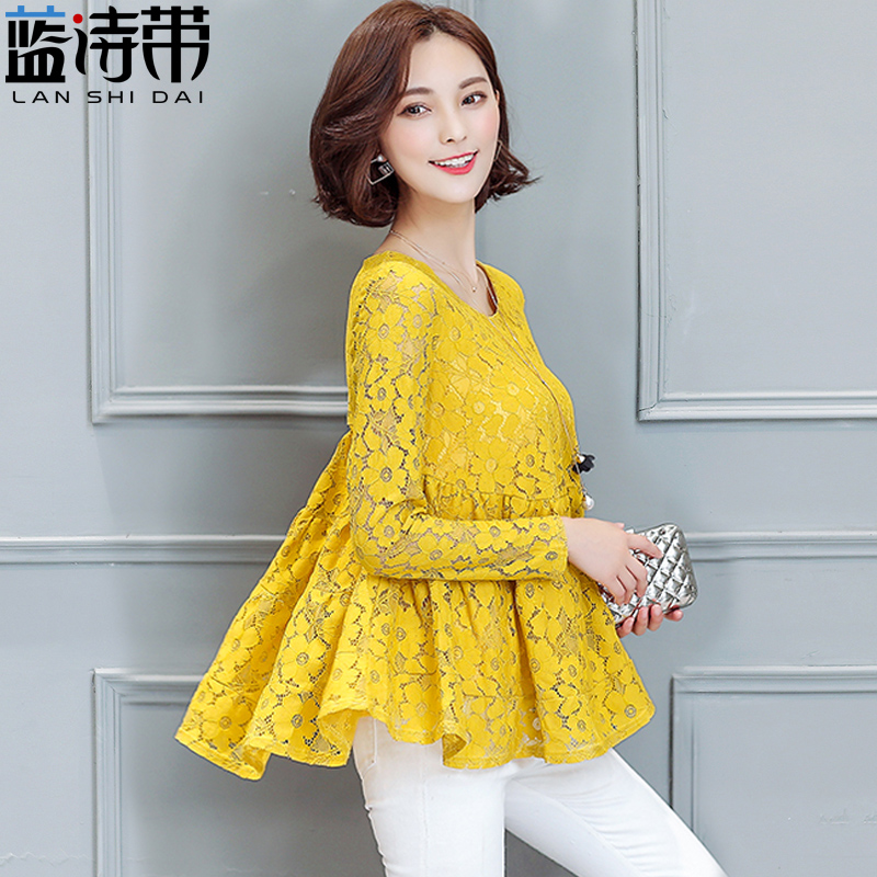 蓝诗带宽松蕾丝圆领通勤镂空中长款套头雪纺衫长袖打底上衣