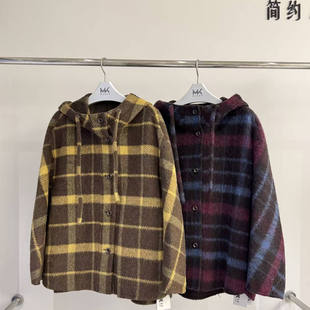 慕蔻70绵羊毛双面呢宝蓝红色格纹女款 毛呢大衣连帽外套斗篷