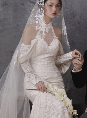 新款新娘结婚主婚纱头纱领证拍照道具长款拖尾蕾丝头饰复古中式