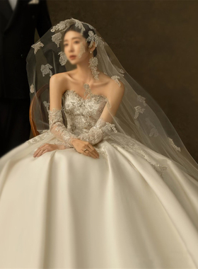 抹胸婚纱主纱新娘新款法式高级感小个子出门纱缎面拖尾复古风
