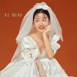 新款新娘头纱头饰领证花朵复古造型婚礼发饰仙美婚纱配饰