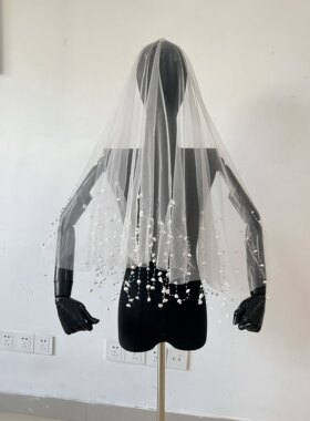 新款铃兰花流苏头纱超仙新娘婚纱礼服配饰拍照道具手工缝珍珠头纱