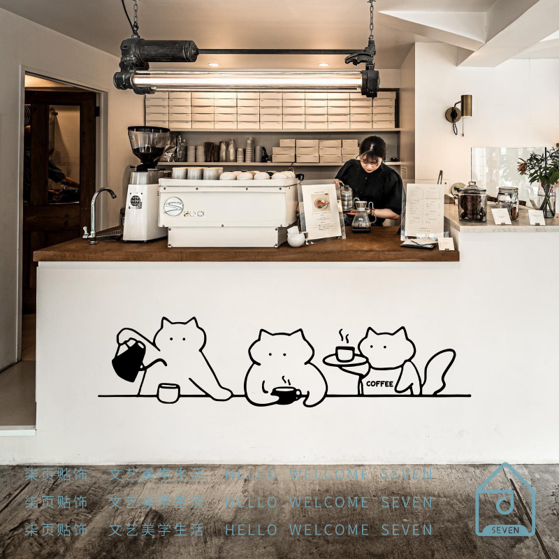 创意猫咪线条画图案 猫咖啡宠物店墙面装饰贴纸店铺玻璃橱窗贴画