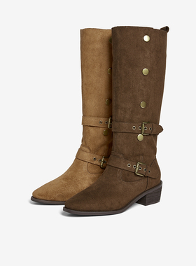 百思图2025冬季新款尖头粗跟扣带西部靴粗跟女堆堆靴长靴BP035DG5