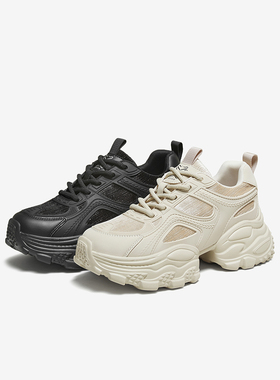 百思图2025秋季新款透气纯色老爹鞋厚底增高女运动休闲鞋D3588CM5