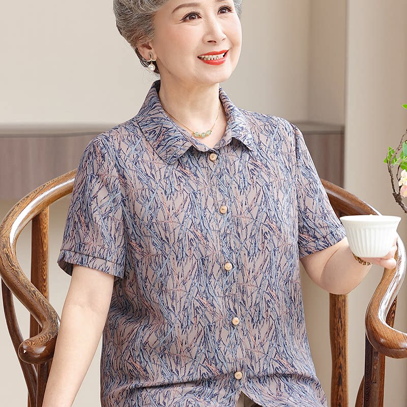 中老年桑蚕丝中老年碎花短袖衬衫
