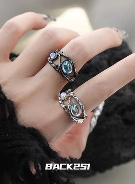 月光石黑白戒指男女情侣一对小众设计高级感开口调节复古轻奢指环