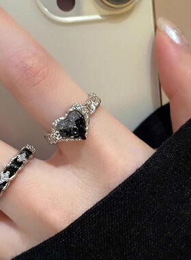 渐变色碎石爱心锆石戒指女小众设计感开口可调节气质百搭食指戒