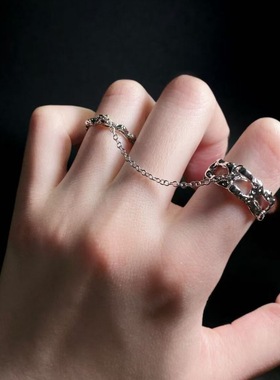 链条戒指女个性轻奢小众设计感可调节食指戒冷淡风双指连体指环潮