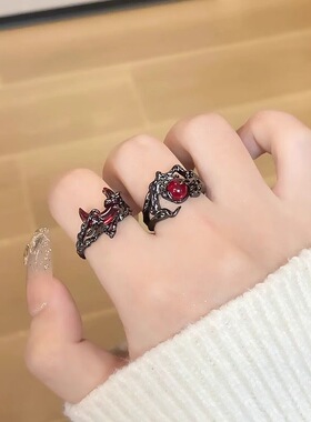 暗黑复古血月红日戒指女小众高级感开口可调节食指戒肌理情侣指环