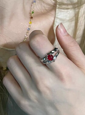 暗黑风红色戒指女肌理小众设计感开口可调节食指戒欧美朋克指环