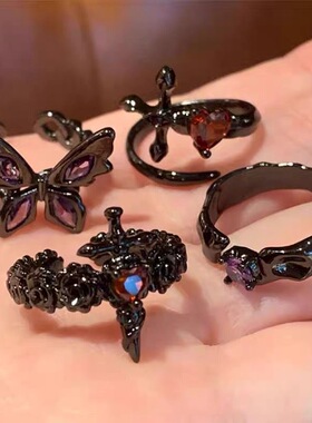 禁忌之恋枪黑戒指女甜酷辣妹暗黑系ins小众高级感开口可调节指环