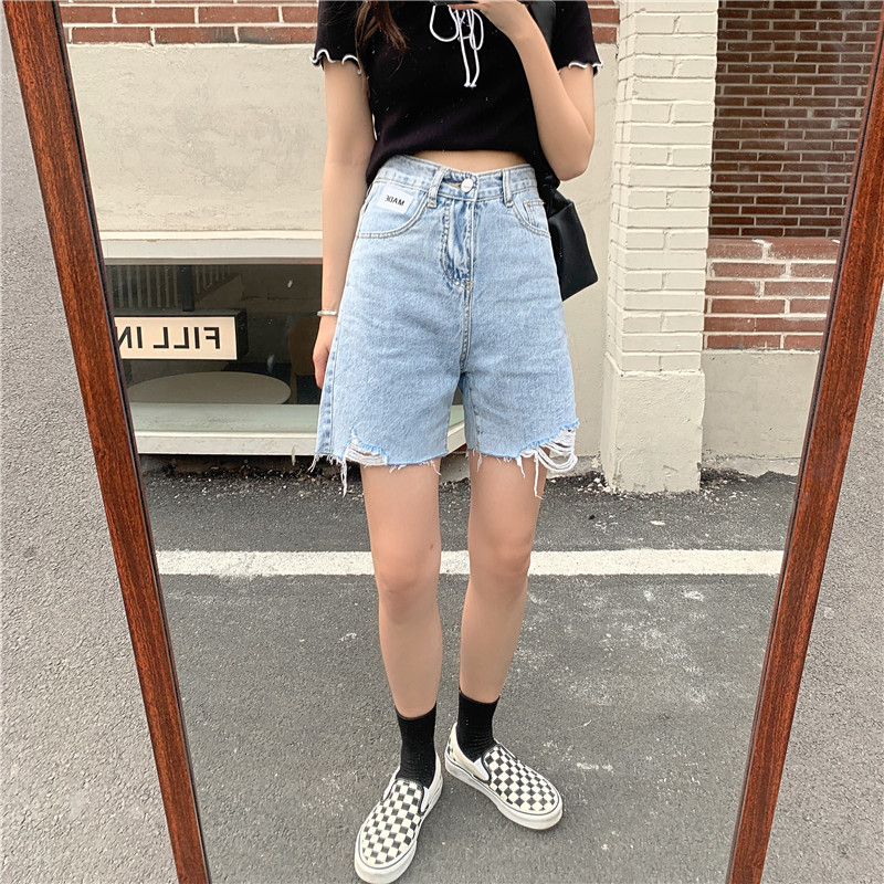 Real price summer New Retro High Waist loose straight tube holed denim panties women's shorts