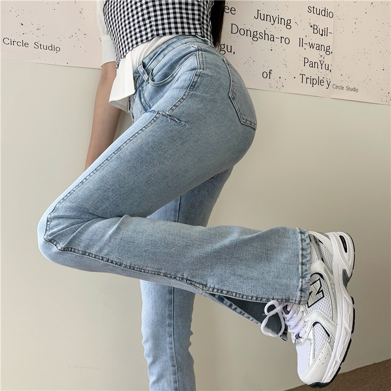 Real price new slim and versatile straight tube split hole denim trendy women's pants