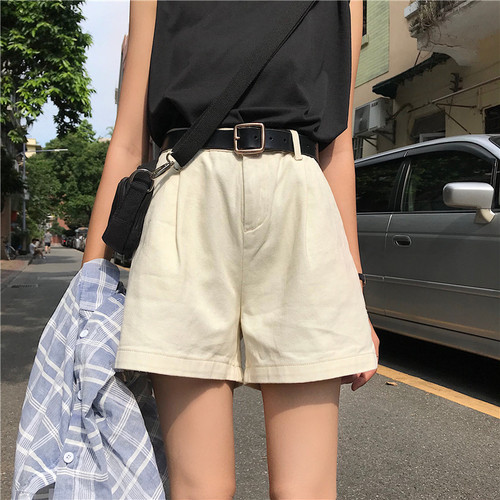 Real-price summer Korean version of high-waist broad-legged shorts women's loose and slim hot pants jeans overalls shorts