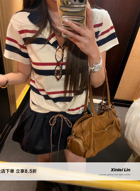 Xinlei Lin 高智学院 博主同款miu感知识分子条纹polo短袖T恤上衣