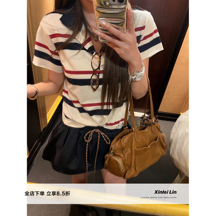 Xinlei Lin 高智学院 博主同款miu感知识分子条纹polo短袖T恤上衣
