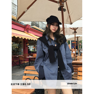 Lin 宽松长袖 回忆胶卷 口藏青条纹衬衫 拼色翻遍袖 Xinlei