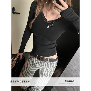 长袖 Xinlei 显瘦水洗做旧蕾丝打底衫 失序浪漫 T恤女秋冬上衣 Lin