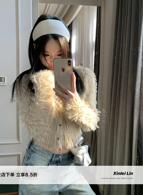 Xinlei Lin“焦糖布蕾”ACN*仿貂毛长毛圆领针织外套上衣女春甜美