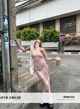 Xinlei Lin“花园华尔兹”私服粉色碎花吊带连衣裙长裙女春夏裙子