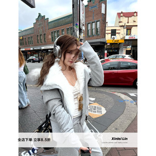 古着感可拆卸大毛领加绒卫衣外套 美剧高校 Xinlei Lin