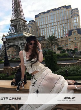 Xinlei Lin “赫本缪斯”设计感蕾丝拼接小上衣绑带蝴蝶结长半裙