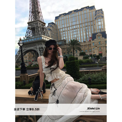 Xinlei Lin “赫本缪斯”设计感蕾丝拼接小上衣绑带蝴蝶结长半裙