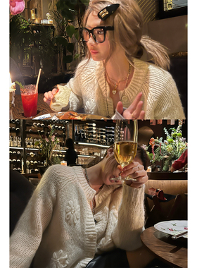 Xinlei Lin 雪落涅瓦 马海毛绵羊毛花纱立体钩花花朵针织毛衫开衫