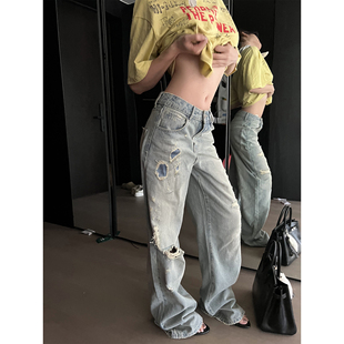 女直筒裤 Xinlei 私物古着贴布浅色破洞牛仔裤 辣妹blue Lin