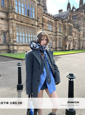 Xinlei Lin “预科生风”格雷系西装+马甲斜纹圈圈呢50羊毛三件套