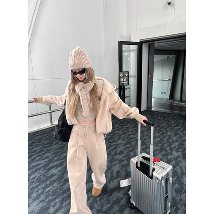 Xinlei Lin 慢调生活 复合仿华绵褶皱宽松卫衣套装外套裤子