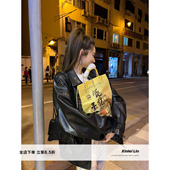 春新款 Xinlei Lin 廓形设计感定制pu复古黑色皮衣外套女夹克上衣