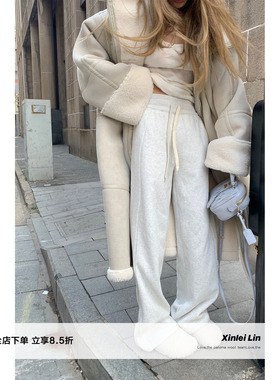 Xinlei Lin 双色宅家厚乳裤lulu高克重加绒白色卫裤休闲裤女秋冬