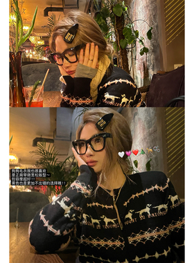 Xinlei Lin N°5费尔岛 小鹿提花撞色图案圣诞针织毛衣开衫AB款