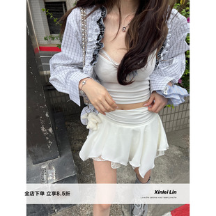 新款 Xinlei 曲清透垂坠雪纺蕾丝层次半裙女春季 小步圆舞 裙 Lin