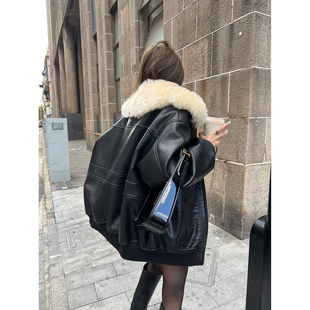 麂皮pu复合毛拼真羊毛 北海道初雪 环保毛宽松外套 Lin Xinlei