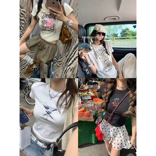 Xinlei Lin 夏日蒸汽波 T恤集合复古印花烫钻宽松/修身版型短袖t