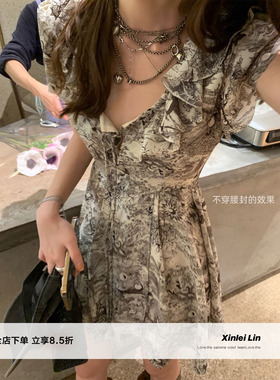 Xinlei Lin  独立设计！涂鸦绑带碎花短袖连衣裙短裙（腰封单拍）