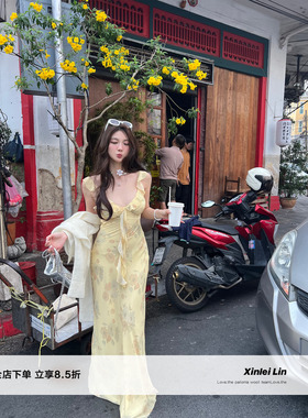 Xinlei Lin “仲夏花园舞曲”奶油黄法式荷叶边旋转仙女连衣裙女