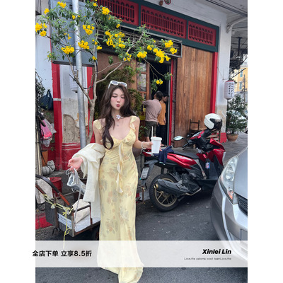 XinleiLin黄色印花连衣裙长裙