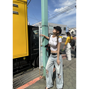 Lin 女春夏显瘦裤 夏日乐哟呦 长裤 子 超薄破洞牛仔裤 Xinlei