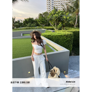 T恤翻边阔腿凉感垂坠卫裤 Xinlei 露肩斜肩短袖 慢度周末 Lin