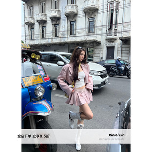 外套两件套百褶裙套装 Xinlei 手工缝迹线西装 都市假日 女春 Lin