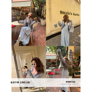 Xinlei Lin  “暖暖纸片人”羊绒感加绒针织V领连衣裙女长袖裙子